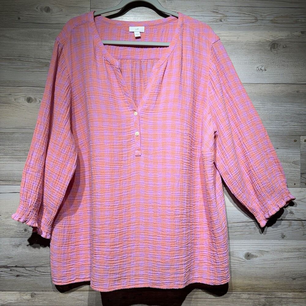 J. Jill Popover Top 2X Checked Gauzy Crinkle Cotton 3/4 Sleeve Coastal Colorful